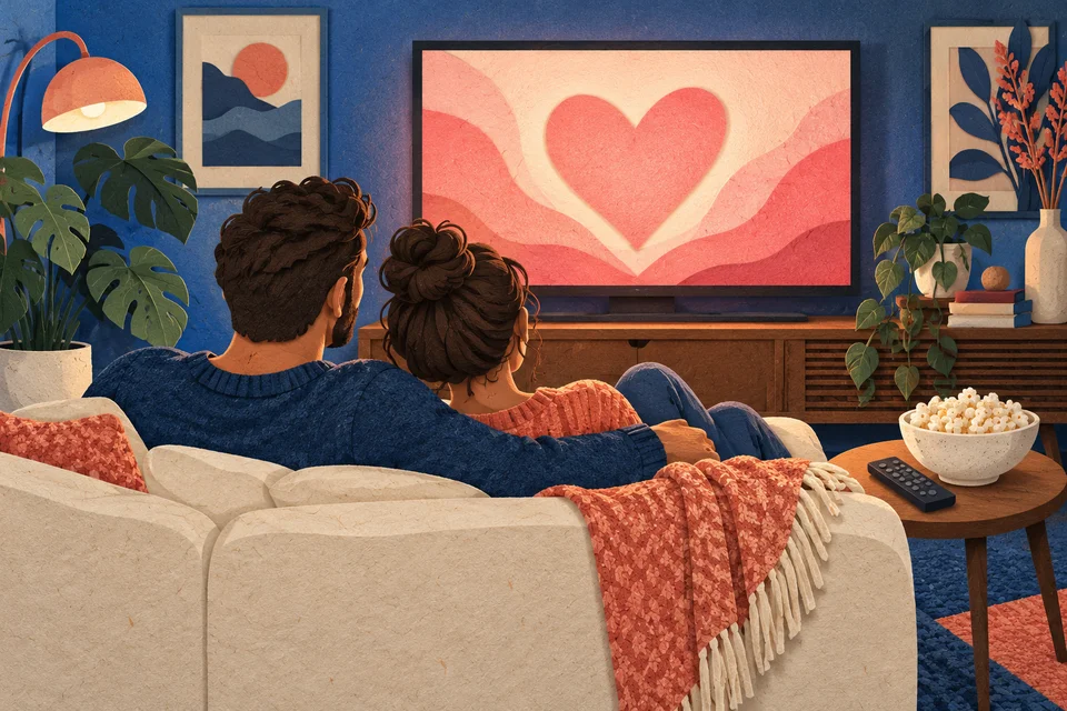 Paper-cut illustration of an adult couple sharing a sofa, with popcorn and a heart on their television